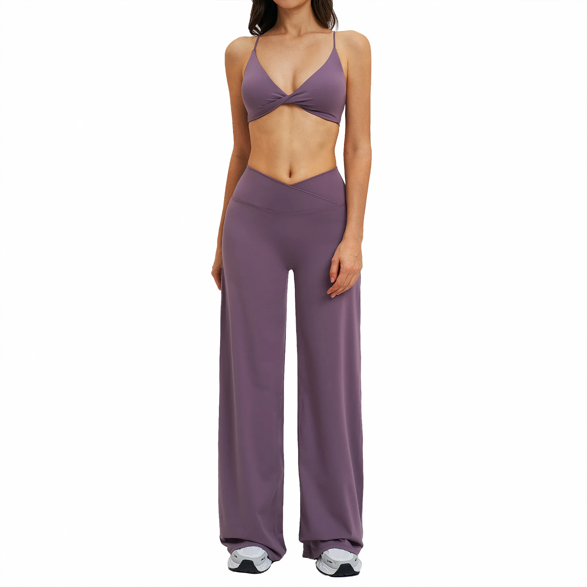 

Комплект для йоги Maxdutti: топ с перекрестной талией и широкие брюки для фитнеса, для занятий на открытом воздухе, для бега, комплект из двух предметов, женский костюм