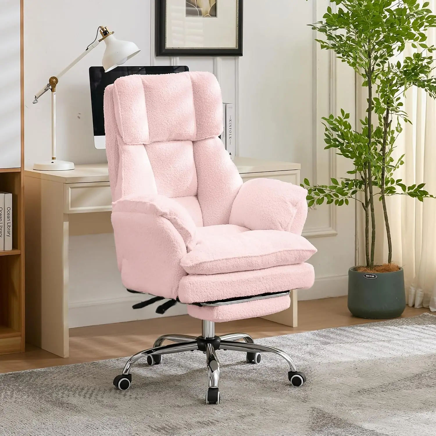 Cloud Cross Legged Office Chair with Footrest,Flip Armrest,Pink