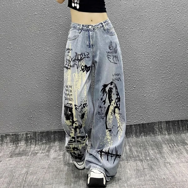 Spray-painted Ink Design Washed Jeans For Women 2024 Autumn New High-waisted Loose Printed Versatile Straight Wide-leg Pants