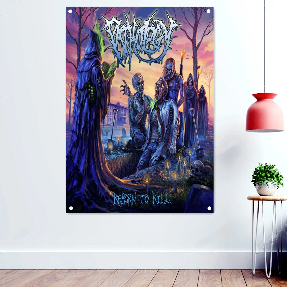 

REBORN TO KILL Macabre Skull Art Banners Canvas Paintings Death Metal Artist Flags Wall Art Rock Band Icon Posters Hanging Cloth