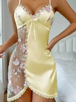 新しいセクシーなホームストラップナイトドレス花刺繍レースシアートリムストラップナイトドレスセクシーな背中の開いたディープVノースリーブドレスYHD2