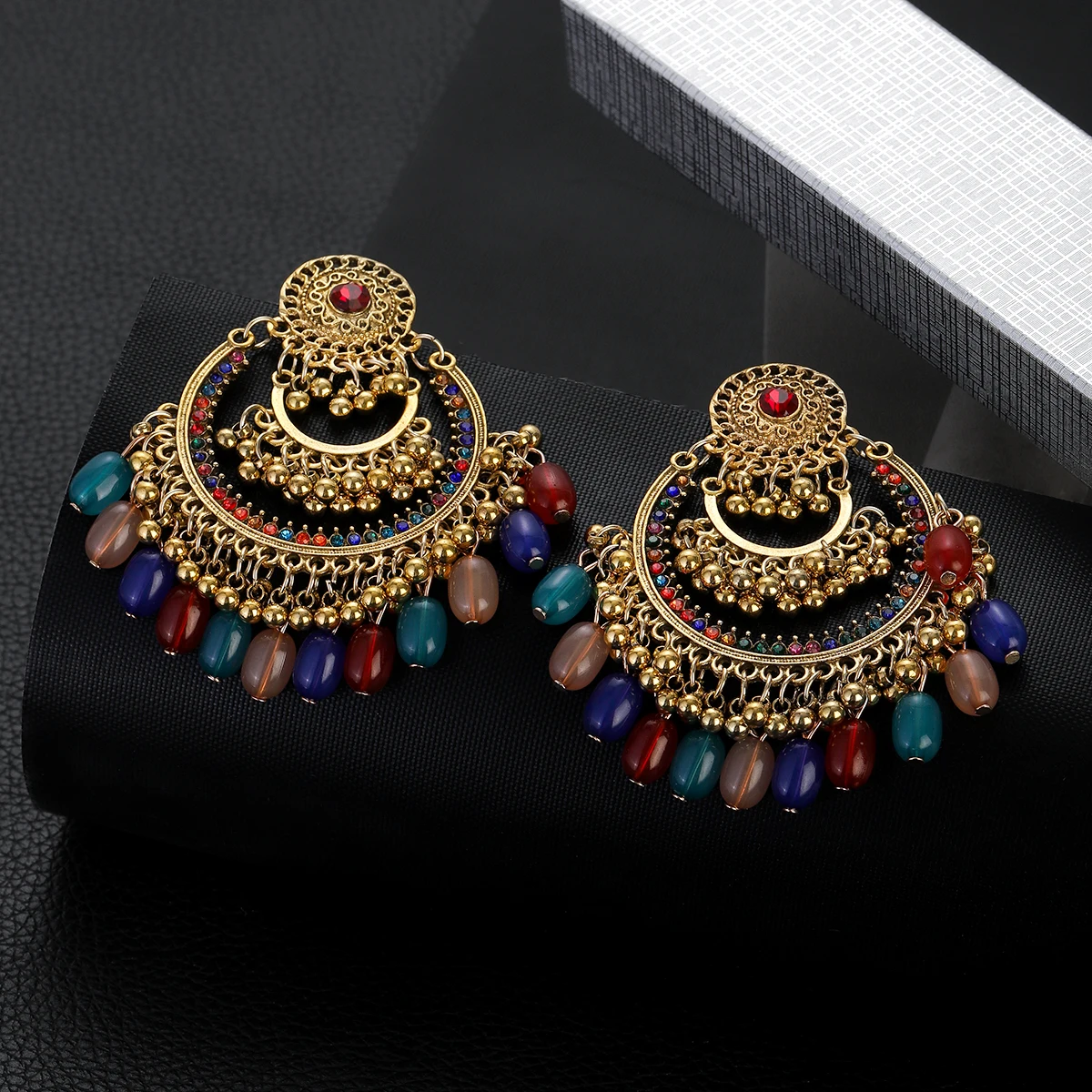Boho Vintage Colorful Crystal Earrings for Women Retro Gold Plated Round Beads Tassel Earrings Wedding Party Jewelry Gifts