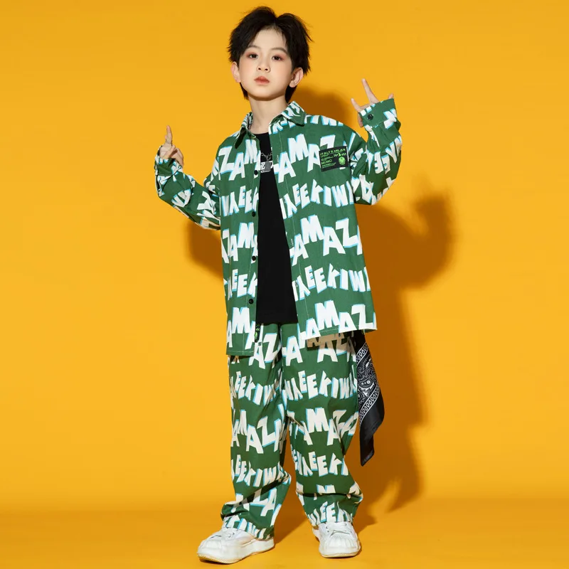 Boys Hip Hop Green Printed Shirt Joggers Girls Letters Blouse Street Dance Loose Pants Child Jazz Clothes Sets Kids Streetwear