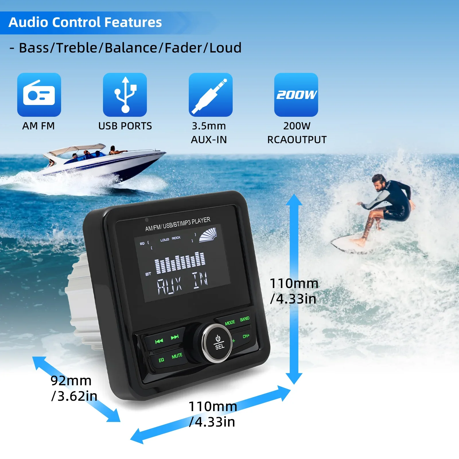 Radio Kapal Stereo FM AM Digital Media Player Audio Tahan Air Untuk Kapal Pesiar ATV UTV Kereta Motor