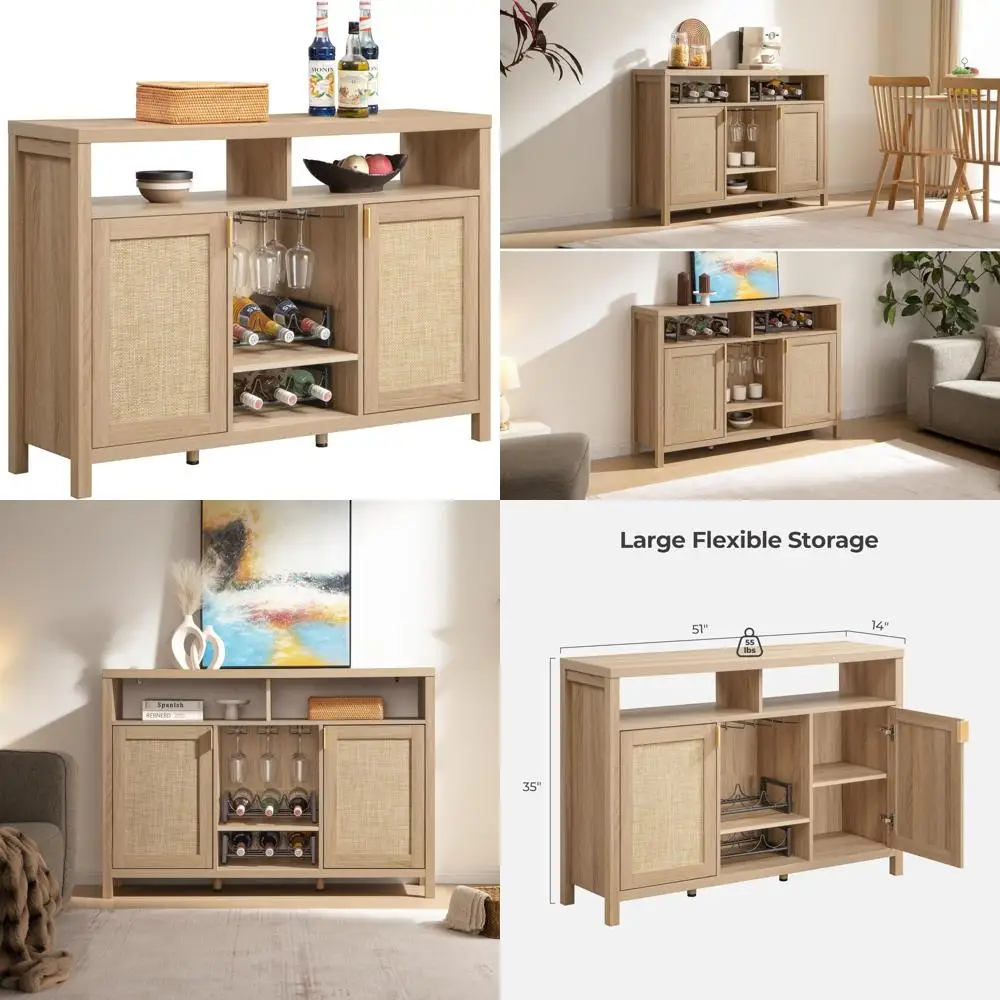 Rattan Coffee and Bar Cabinet, 51-Inch Farmhouse Sideboard with Storage and Wine Racks, Liquor and Wine Storage Cabinet