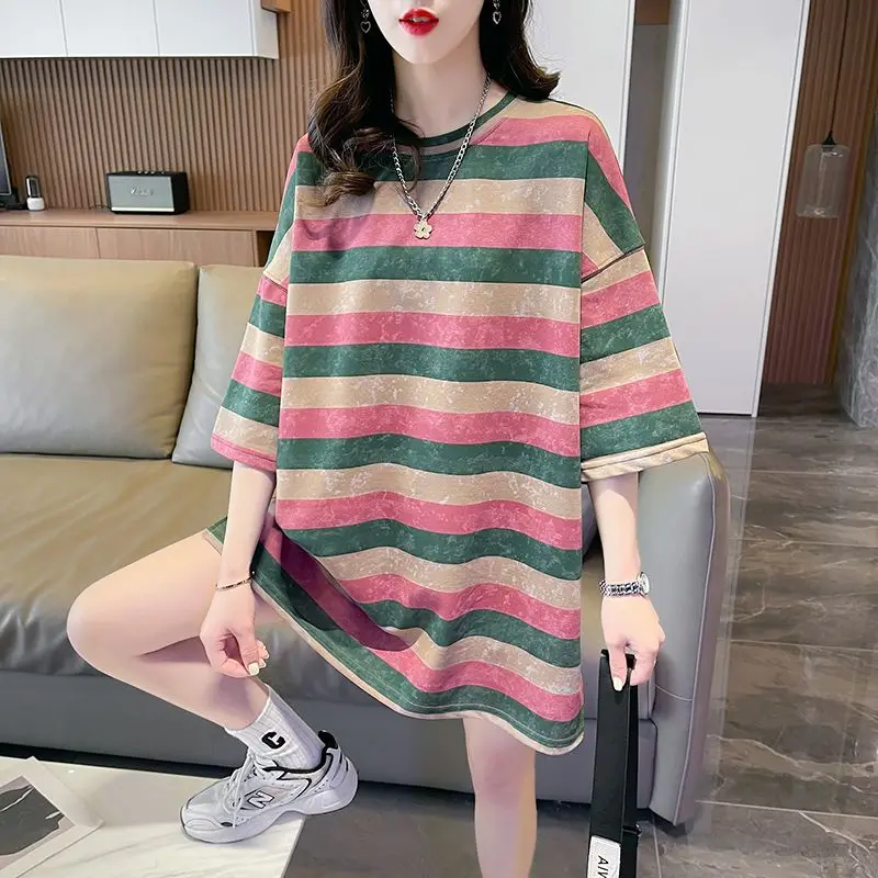 

2024 Summer New Minimalist Commuter Spliced Midi Striped Bleached Crew Neck Short Sleeve T-shirts Loose Women's Clothing Tops