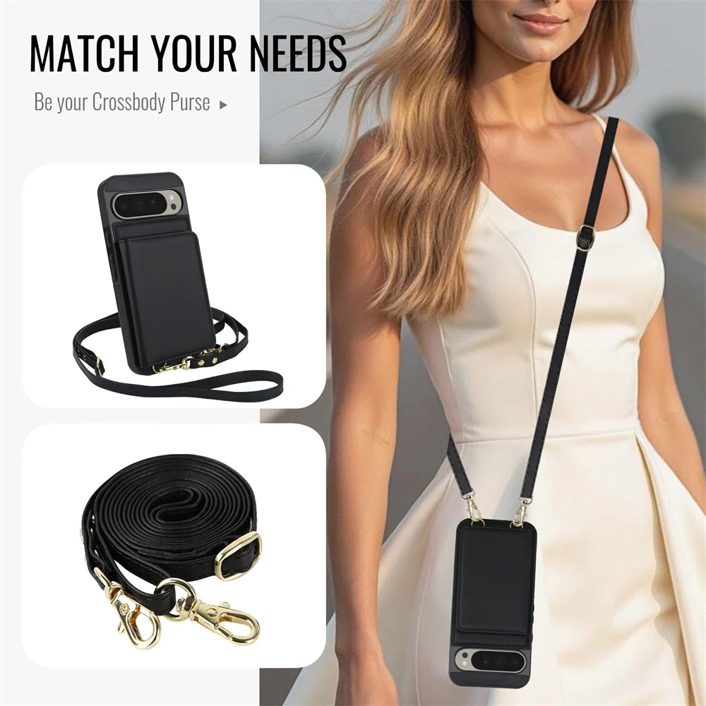 

Кожаный чехол-кошелек для Google Pixel 9 Pro XL 9A 8 8A 6A с длинным ремешком для книги, RFID-подставка, держатель Fundas