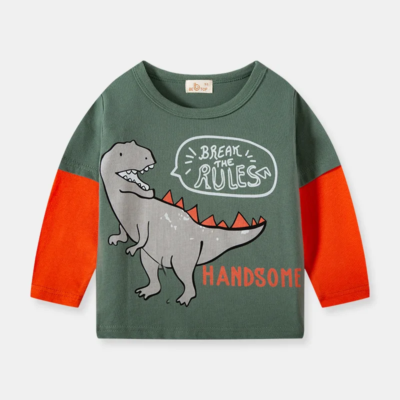 Children's Autumn New Dinosaur Sleeve T-Shirt Kids Long Sleeve Boy's Cotton Base Shirt Top Girls Crewneck Loungewear Sweatshirt