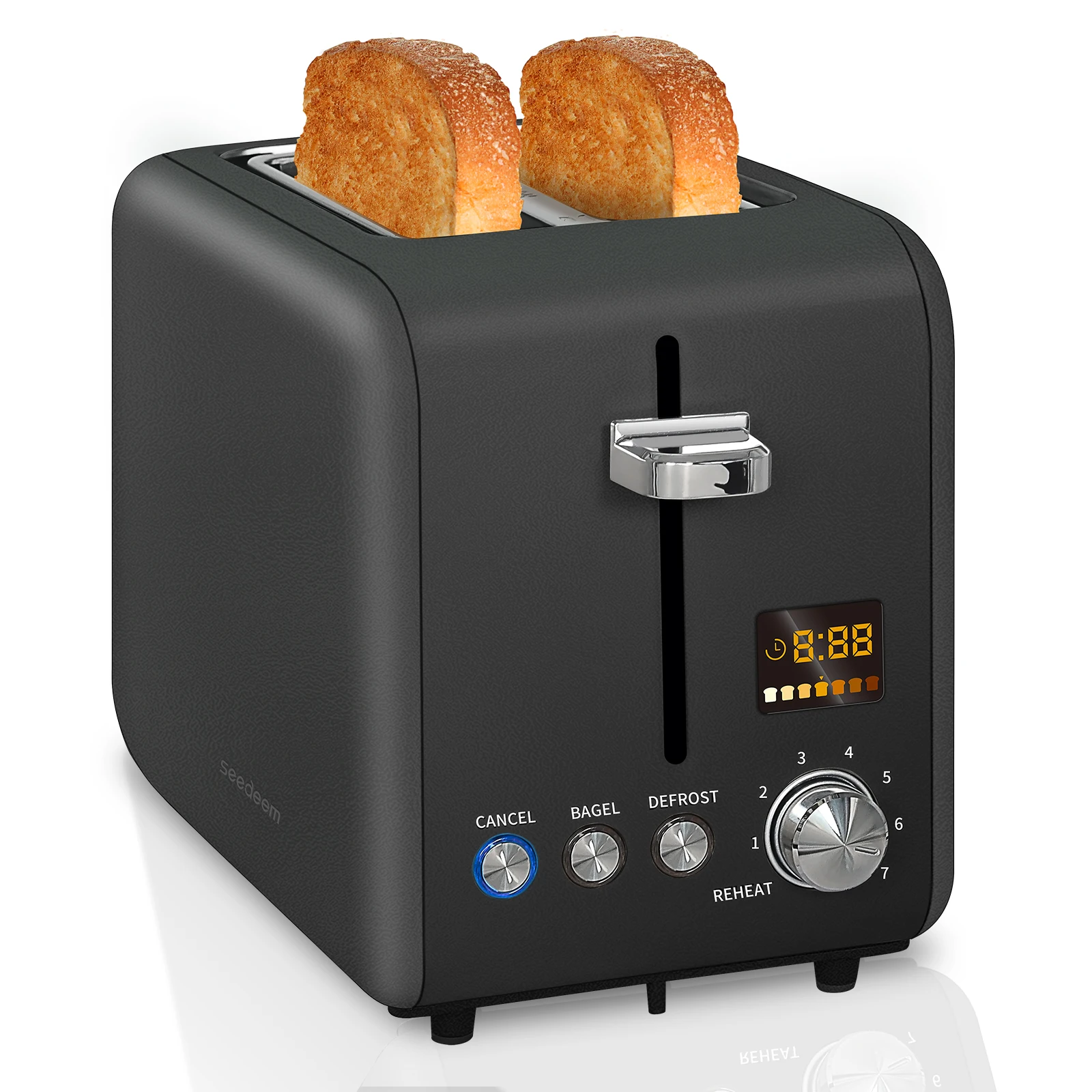 Toaster 2 Slice,Stainless Steel,LCD Display,7 Bread Shade Settings,1.4'' Wide Slots,4-in-1 Functions,Removable Crumb Tray,900W