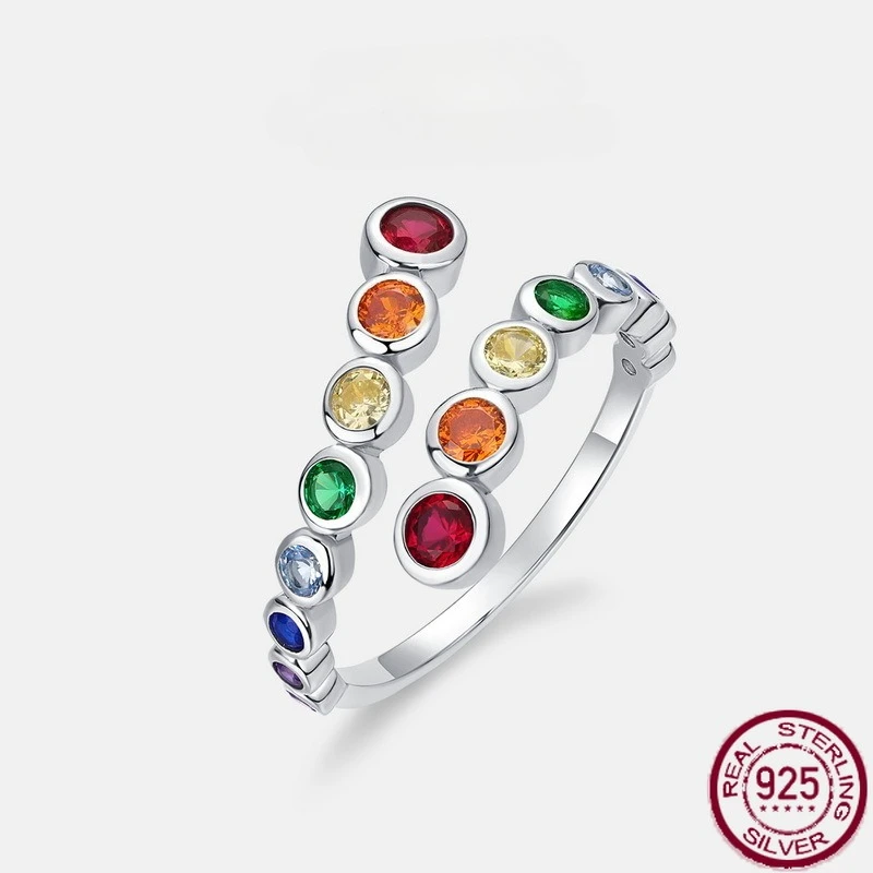

New S925 Pure Silver Rainbow Bubble Inlaid Colorful Treasure Open Ring European and American Style Fashion Wedding Jewelry