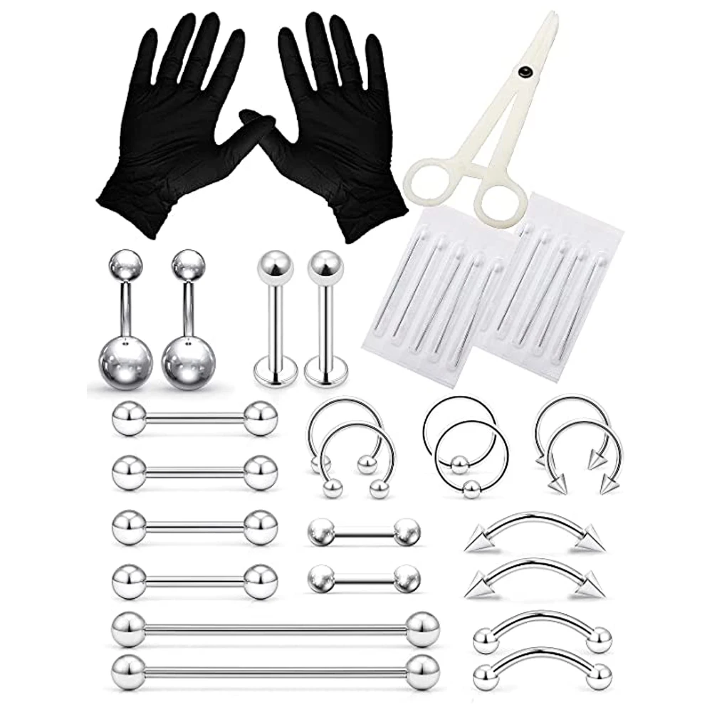 Piercing Kit Stainless Steel Eyebrow Rings Horseshoe Rin Industrial Piercing Jewelry Rings Women Men 14G 16G Piercing Needles