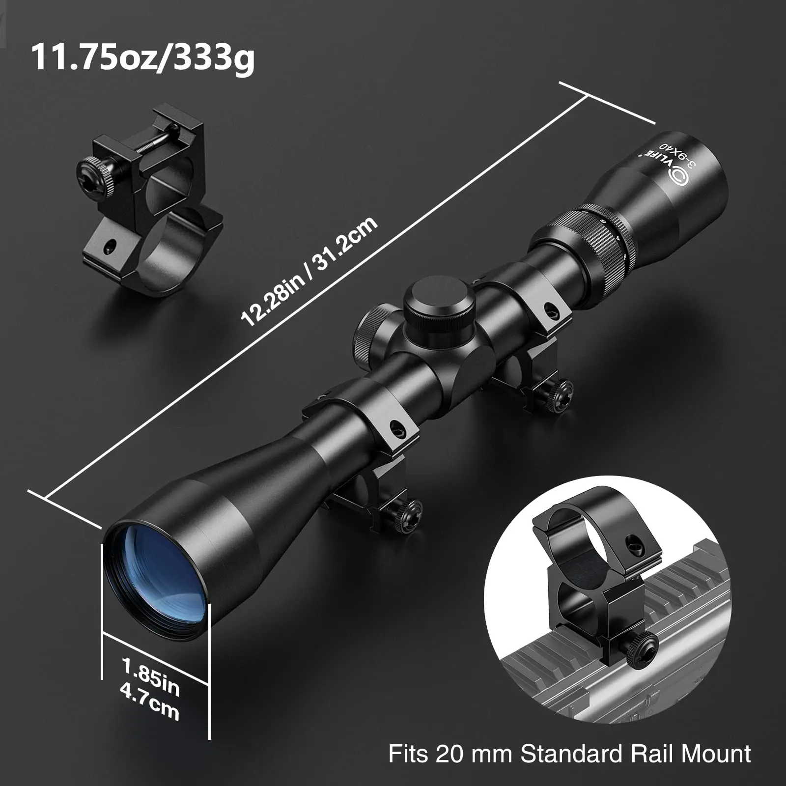 MidTen Rifle Tactical Riflescope 3-9x40 Optics R4 Reticle Crosshair Scope with 20mm Free Rail Mounts Airsoft Hunting Scopes