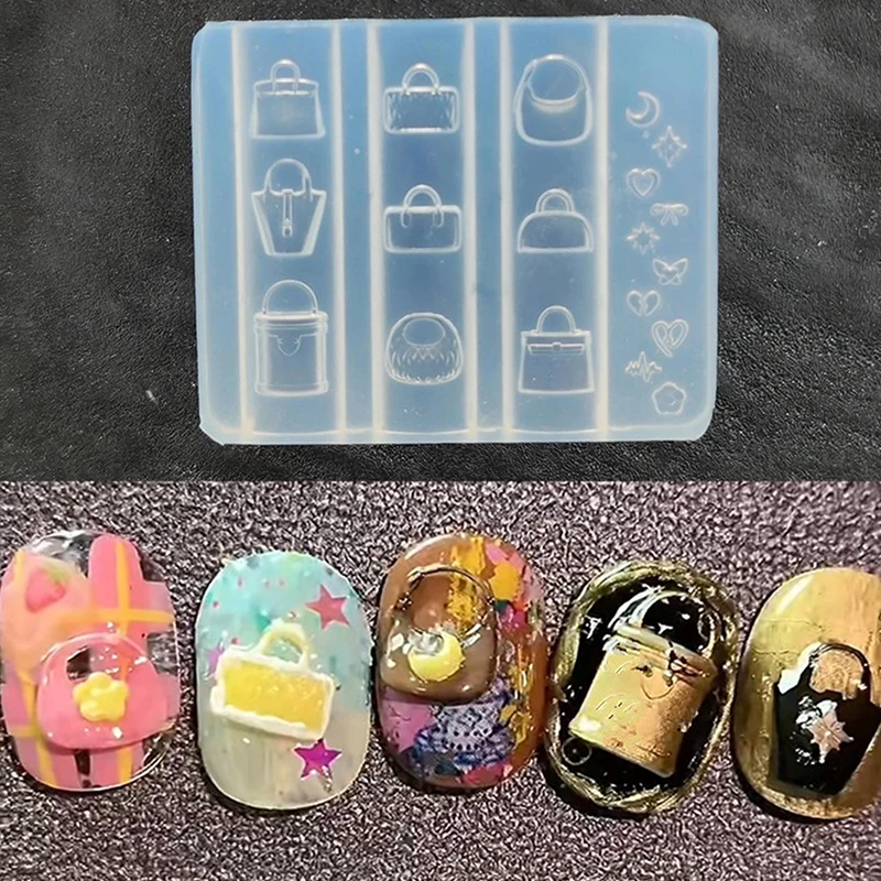 1 Uds. Molde de decoración de uñas con forma de bolsa de dibujos animados 3D, plantillas de silicona transparente para decoración de uñas, molde para uñas, regalo de dijes para uñas