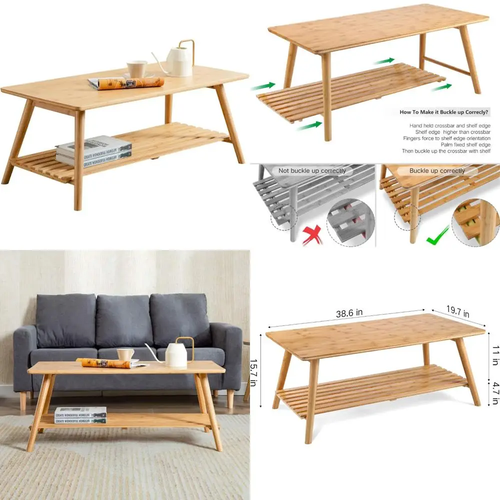 Mid-Century Foldable Bamboo Coffee Table with Open Storage Shelf for Living Room, Suitable as a TV Stand