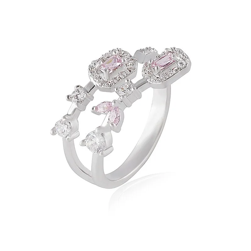 

Adjustable Open Ring for Women Branch Design Micro-Paved Zirconia Faionable mat Ring Platinum/K White Gold Plated