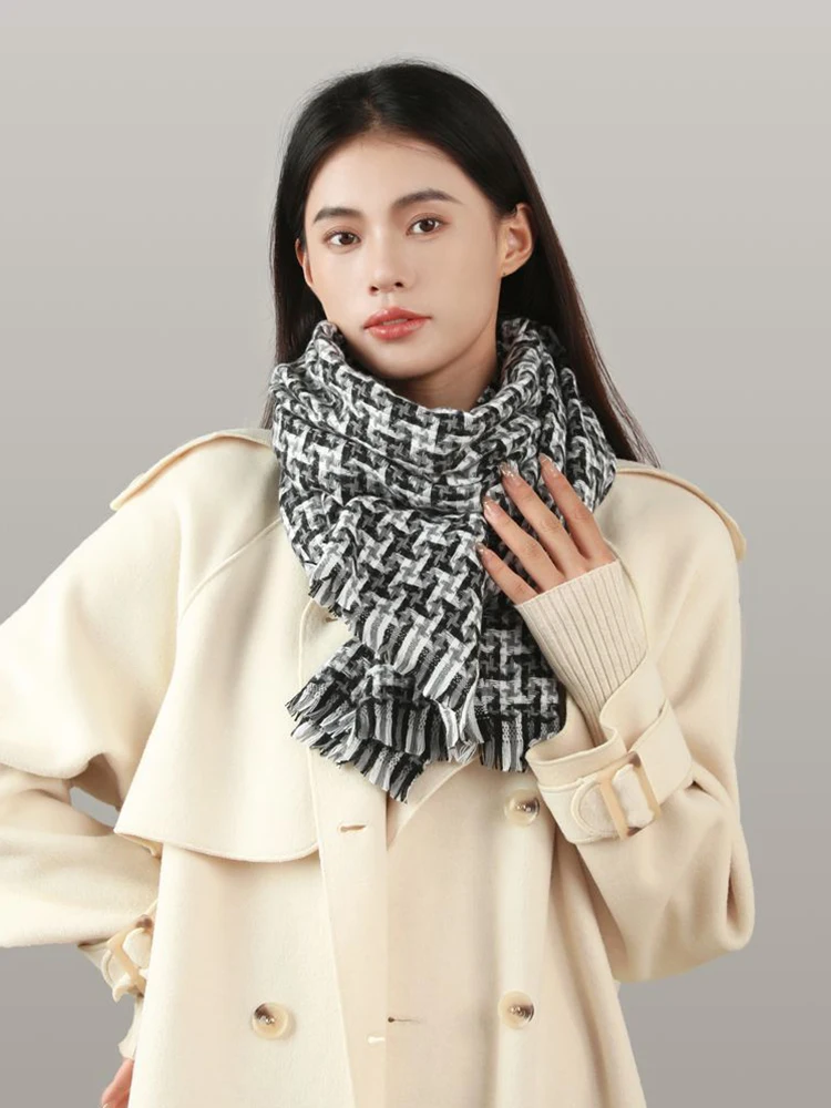 New 2023 Autumn Winter Women Scarf Vintage Houndstooth Scarve Pashmina Mujer Femme Foulard Bufanda Wrap Shawl Echarpe Hiver Men