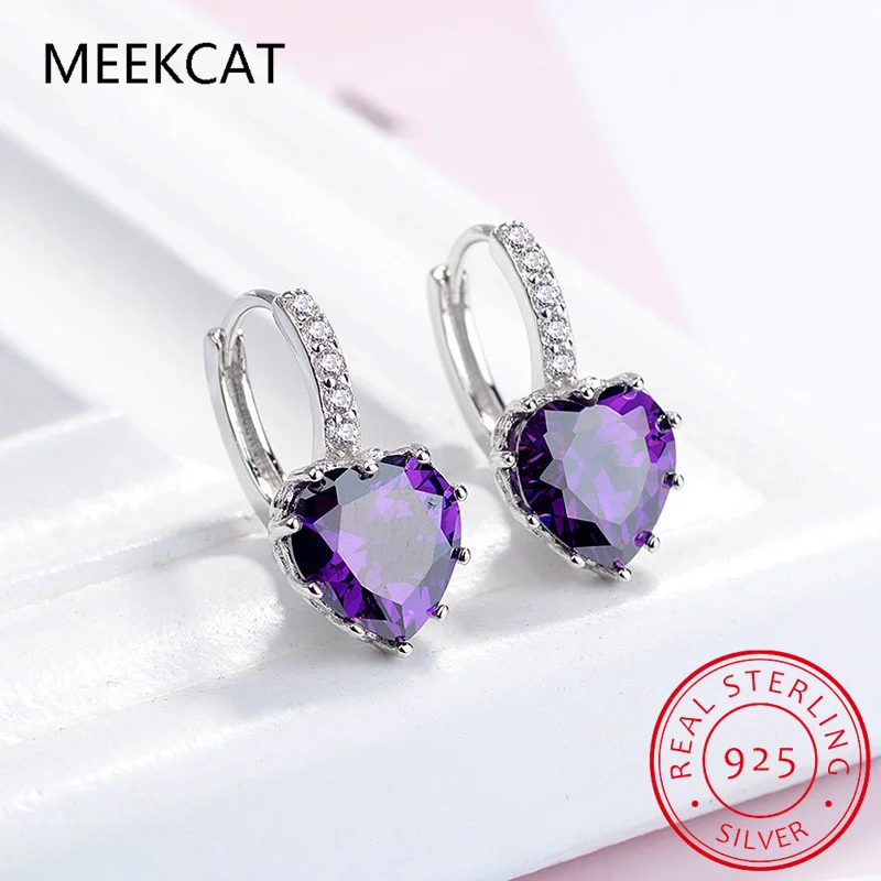 Natural Purple Amethyst 925 Sterling Silver Heart Hoop Earrings for Women Fashion Statement Colorful Gemstone Jewelry Huggies