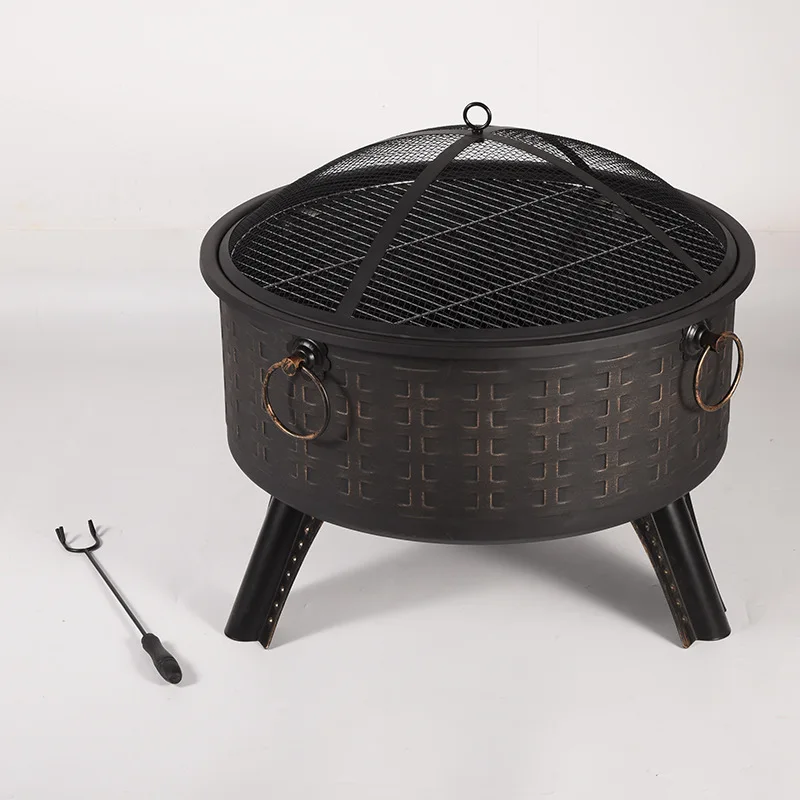 Multifunctional BBQ Grill Round Braided Rattan Wrought Iron Grill Paint Retro Heating Grill