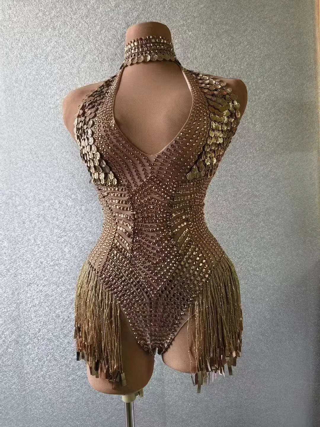 

Sexy Sequins Jumpsuit Festival Outfit Evening Prom Sequin Tassel Birthday Celebrate Costume Shiny Gold Rhinestones Bodysuit