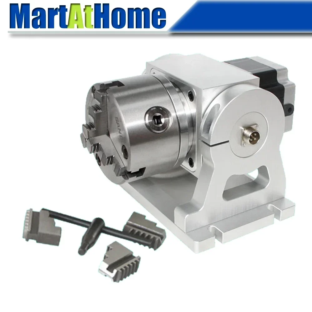 CNC Laser Marking Machine 4th Rotary Indexer Axis 10:1 Elevation Angle Adjustable with 100 Chuck & 2-Phase 5N.m 86 Stepper Motor