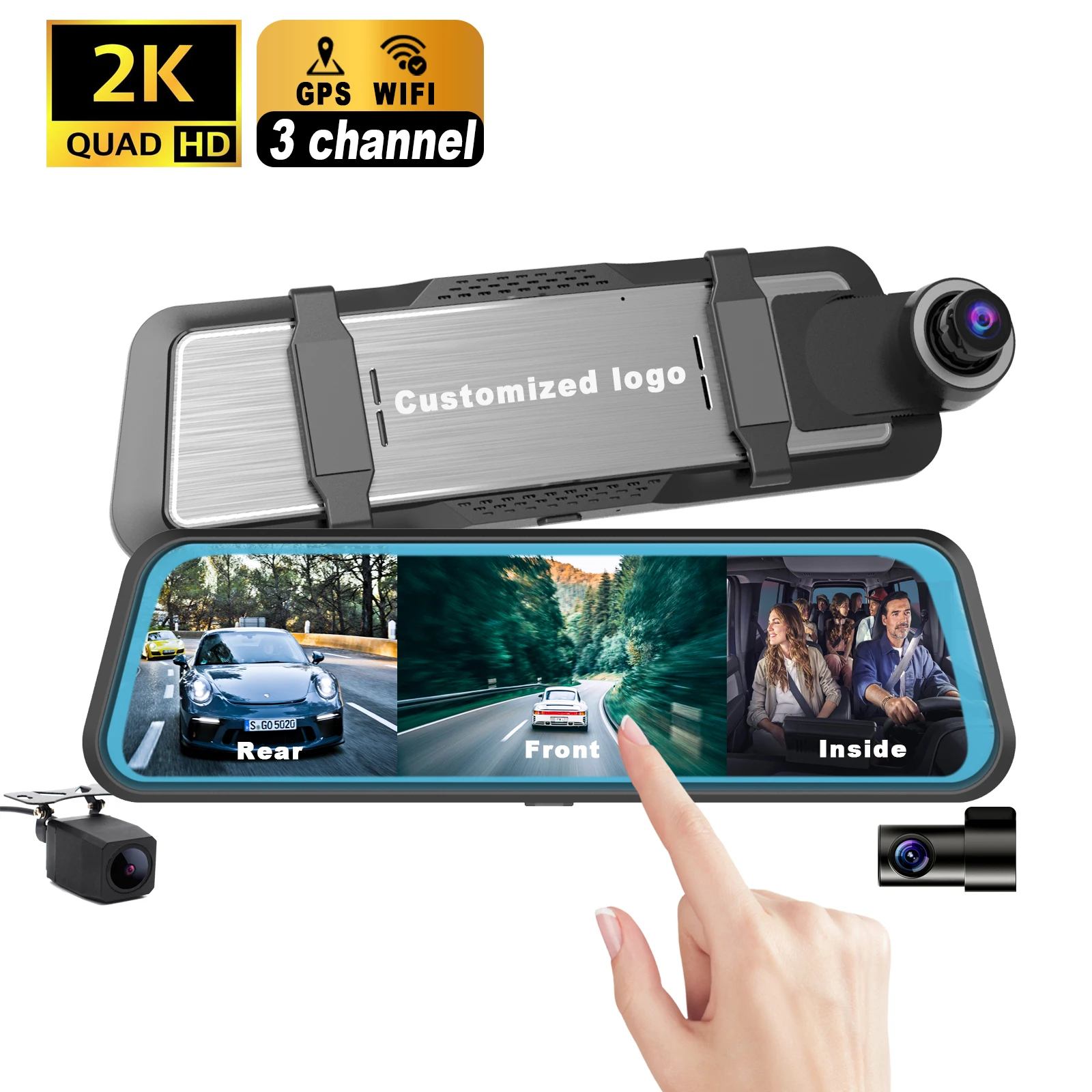 

10 inch touch screen rearview mirror dvr car mirror 2k dashcam front rear and Inside 3 channel With WIFI and GPS 2k dash cam