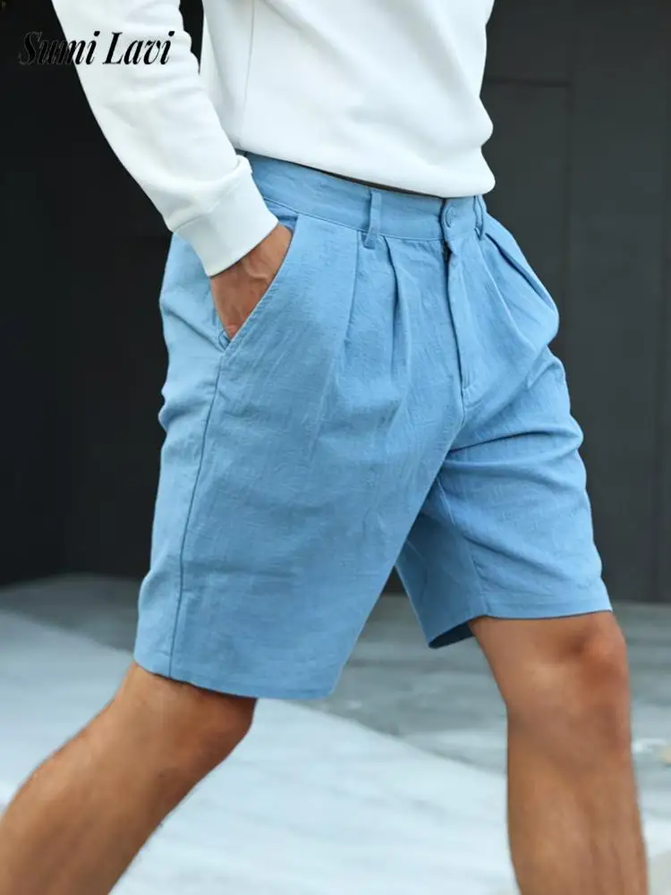 

Vintage Mens Slim Straight Linen Shorts Summer Daily Leisure Breathable Linen Bottoms Men Outdoor Casual Pleated Design Shorts