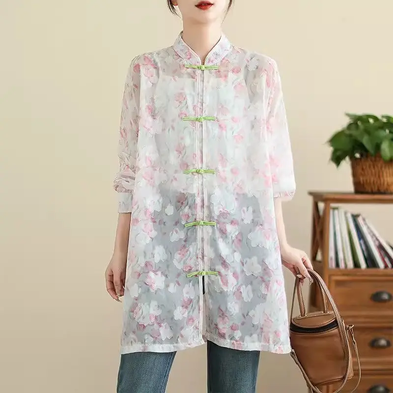 2024 giacca camicia con stampa retrò in stile cinese manica lunga abbottonata protezione solare di media lunghezza Top abbigliamento donna popolare K781