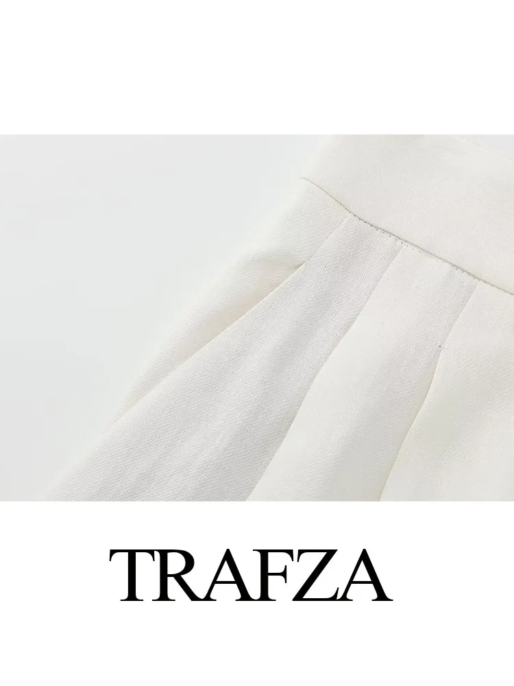 TRAFZA Pants For Women Summer Elegant Solid Zipper Casual Thin Pocket Button Decoration Women Pleated Street Wide-Leg Pant Mujer