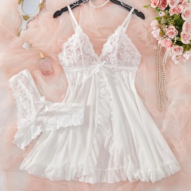 Sexy Lingerie Set Women Erotic Bra Nightdress Sexy Lace Sleepwear Solid Slim Soft Dresses V Neck Full Slip Sleepwear & Dresses image 5