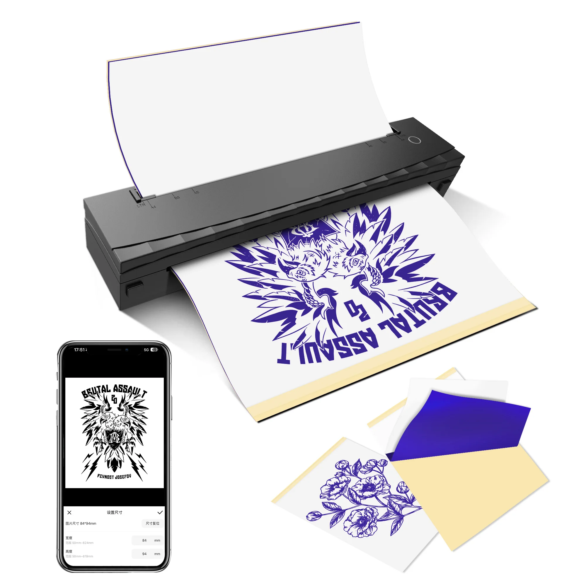 

Thermal Printer Tattoo Stencil Printer with 10Pcs Paper Bluetooth Wireless Tattoo Machine for Artist Compatible Phones Tablets