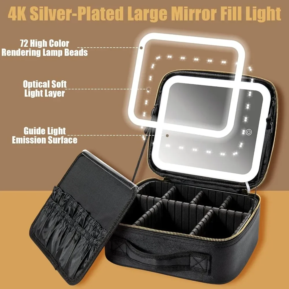 Makeup Travel Bag with LED Lighted Mirror Adjustable Brightness Portable Waterproof Makeup Case with Adjustable Dividers