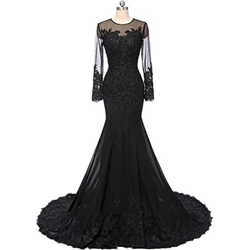 

GUXQD Mermaid Evening Dresses Women Tulle Appliques Long Sleeves Court Train Prom Party Gowns Vestido De Noche