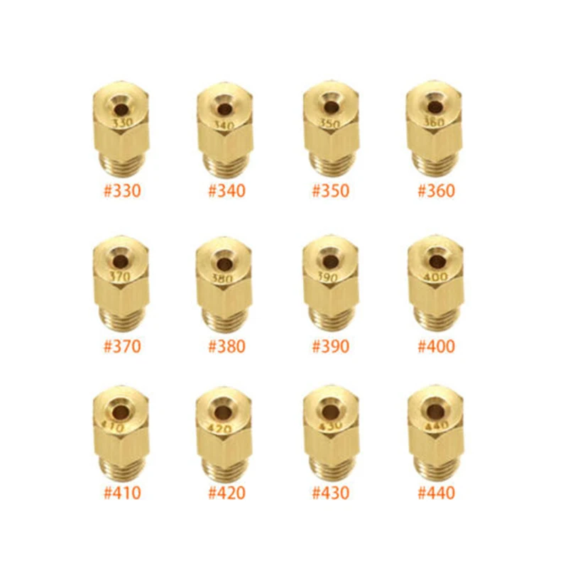 Motorcycle Carburetor Main Jets for Mikuni VM TM TMX Carburetor Moto Injector Nozzle Sets Size 210-440 for 4/042-Large Hex 12Pcs