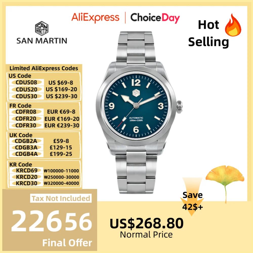 

San Martin 38mm Explore Watch For Men NH35 Mechanical Automatic Sport Wristwatch New BGW-9 Bracelet 100M Waterproof SN0107-3/4