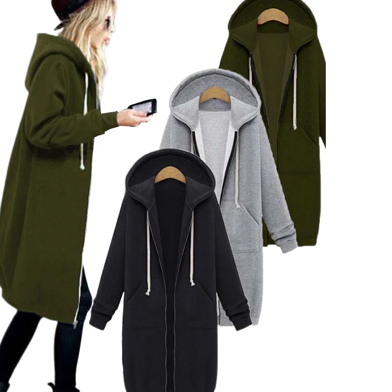 

Once 2023 Casual Women Long Hoodies Sweatshirt Coat Zip Up Outerwears Hooded Jacket Winter Pockets Plus Size Outwear Tops