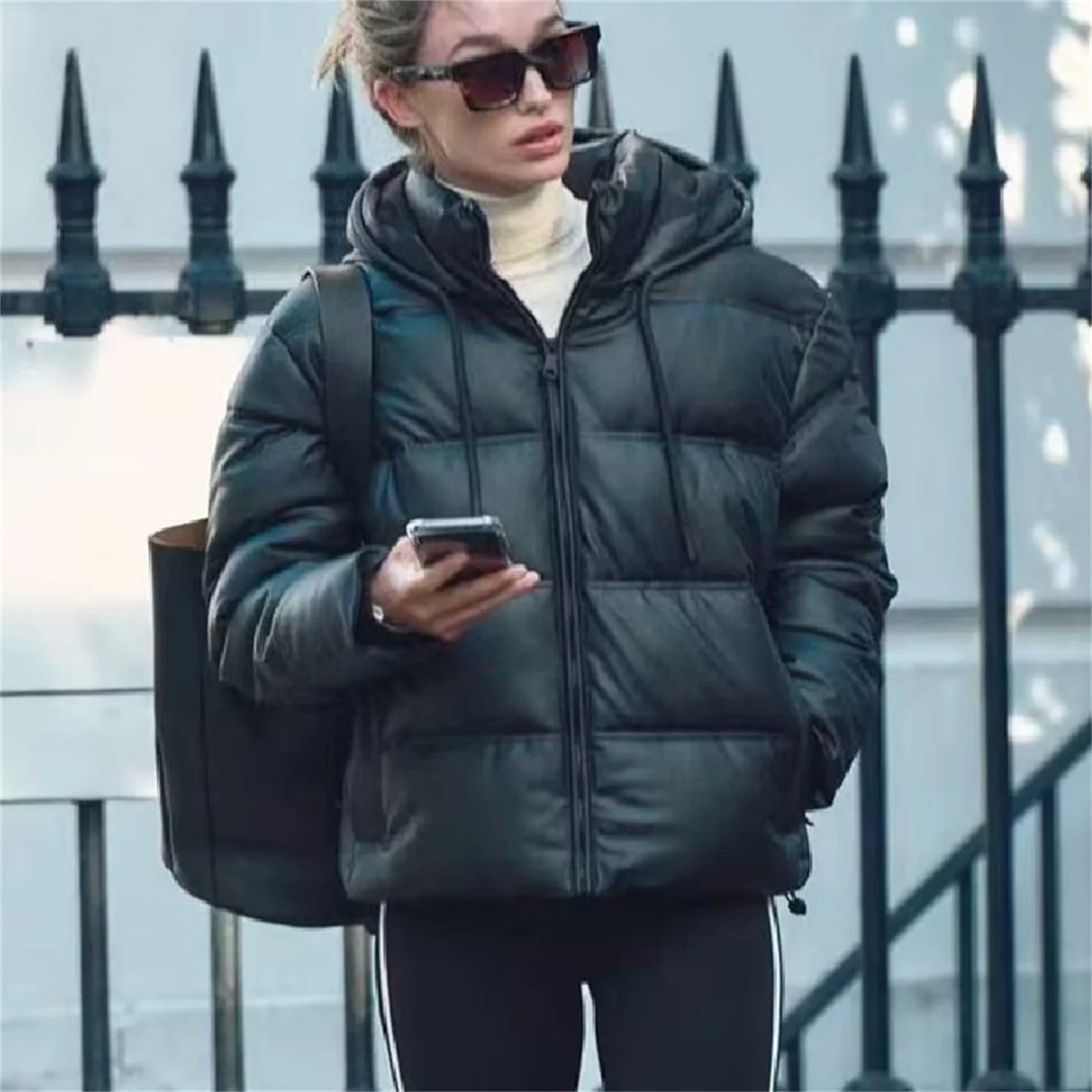 Women's Winter Thickened Leather Bread Jacket Waterproof down Cotton Coat Short Outerwear with Hood Straight Cut Commute Style
