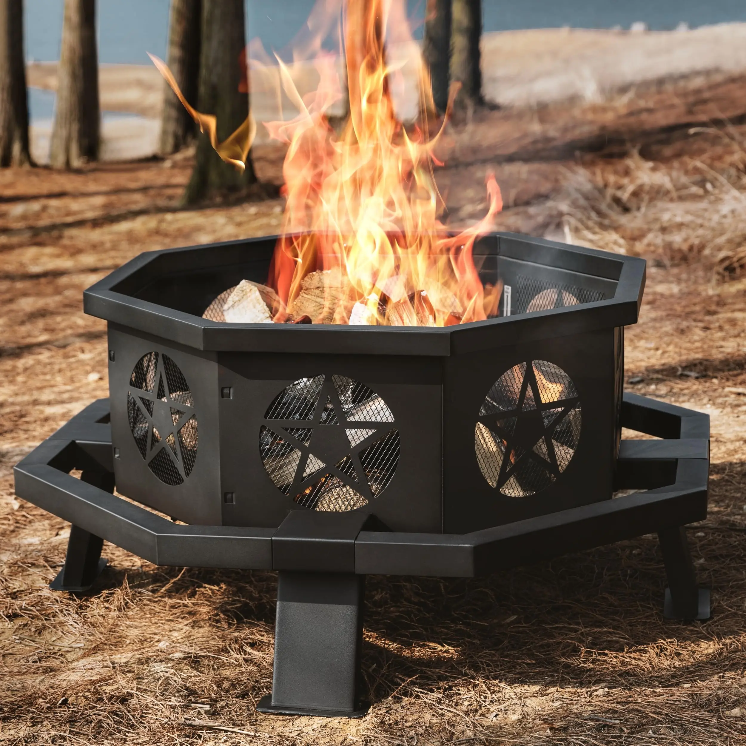 35 inch Fire Pit, Outdoor Fire Pit Wood Burning Fire Pits with Cooking Grill, Large Firepits for Outside Octagonal