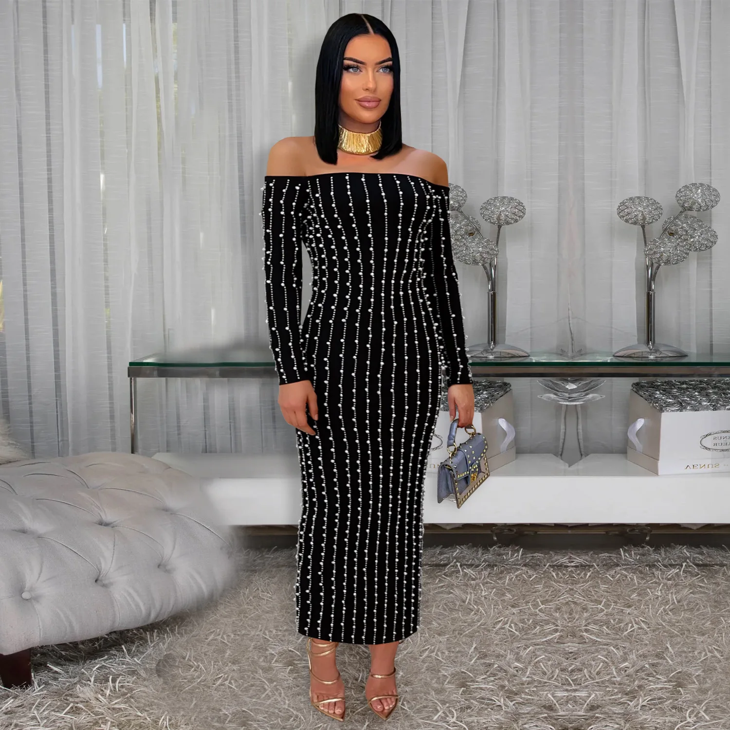 

Luxury Birthday Dress Gorgeous Off Shoulder Long Sleeve Pearls Rhinestone Party Dresses Female Evening Gowns Clubwear