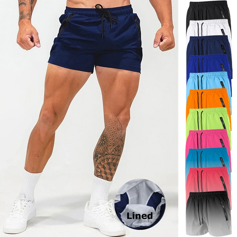 

Men's Gym Workout Running Shorts with Zipper Pockets Mesh Liner Summer Sports Athletic Quick Dry Stretchy Shorts Swim Trunks
