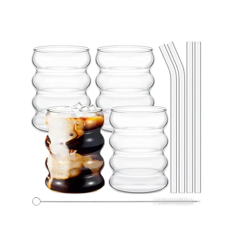 

4Pcs Creative Glass Cups Coffee Mug Vintage Drinking Glasses Ribbed Glassware Aesthetic Cups with Straws Set