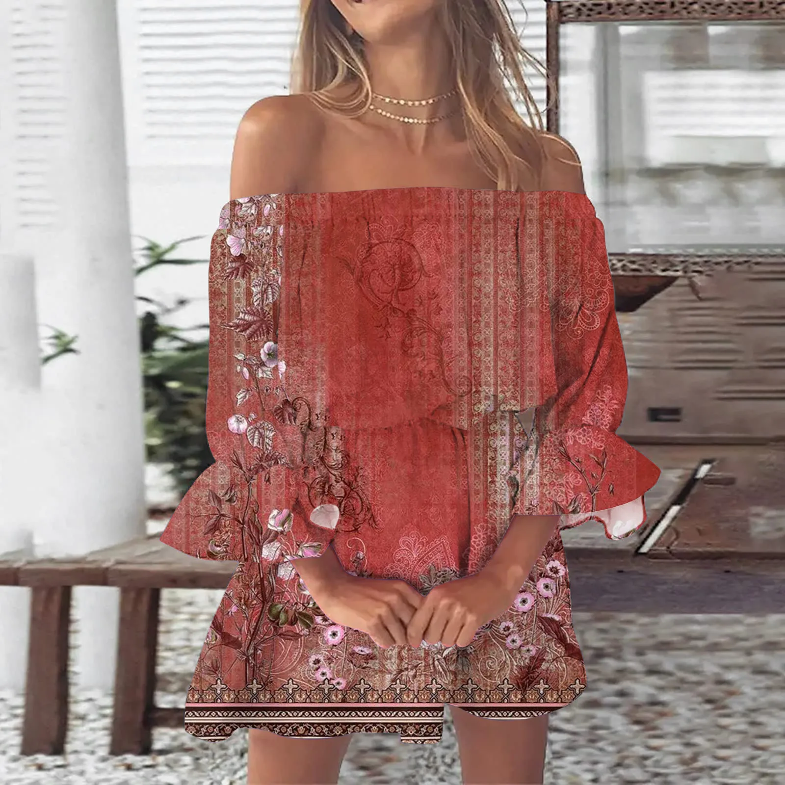 Vestidos florales bohemios para mujer, vestido túnica Sexy con hombros descubiertos y manga con volantes, Mini vestido veraniego informal para playa 2024