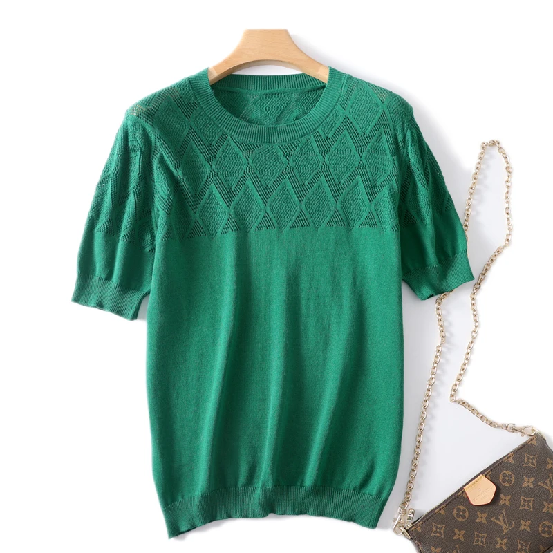 New Summer Fashion 100% Cotton Women Sweater T-shirt Short-sleeve Ladies O-Neck Pullover Casual Knitted Hollowed Out Tops