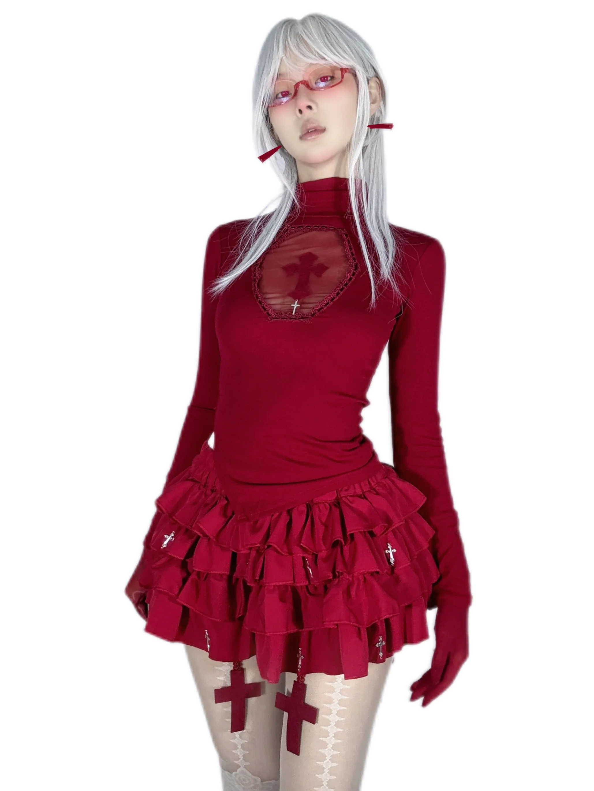 Original Design Women Girls Bloody Red Cross Print Red Wine Shirt Gothic Hollow Out Stretch Turtleneck Slim Tshirt Tee Tops