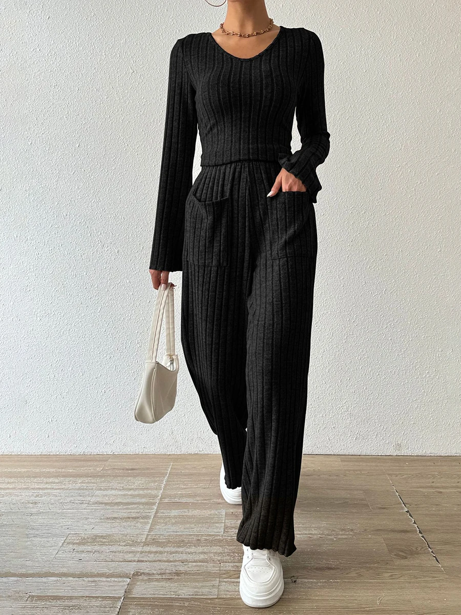 Women Knitted Casual Outfits Solid Color Ribbed V-Neck Long Sleeve Tops and Elastic Wide Leg Pockets Pants 2 Piece Clothes Set