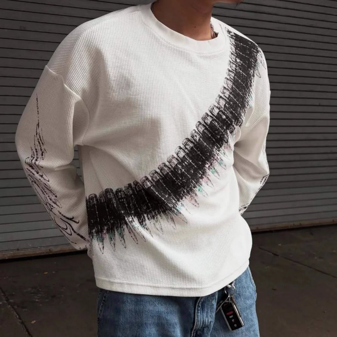 Fashion Print Y2K Streetwear Loose O-Neck Bullet Letter Printed American Retro Pullover Waffle Long Sleeve T-shirt Casual Outfit