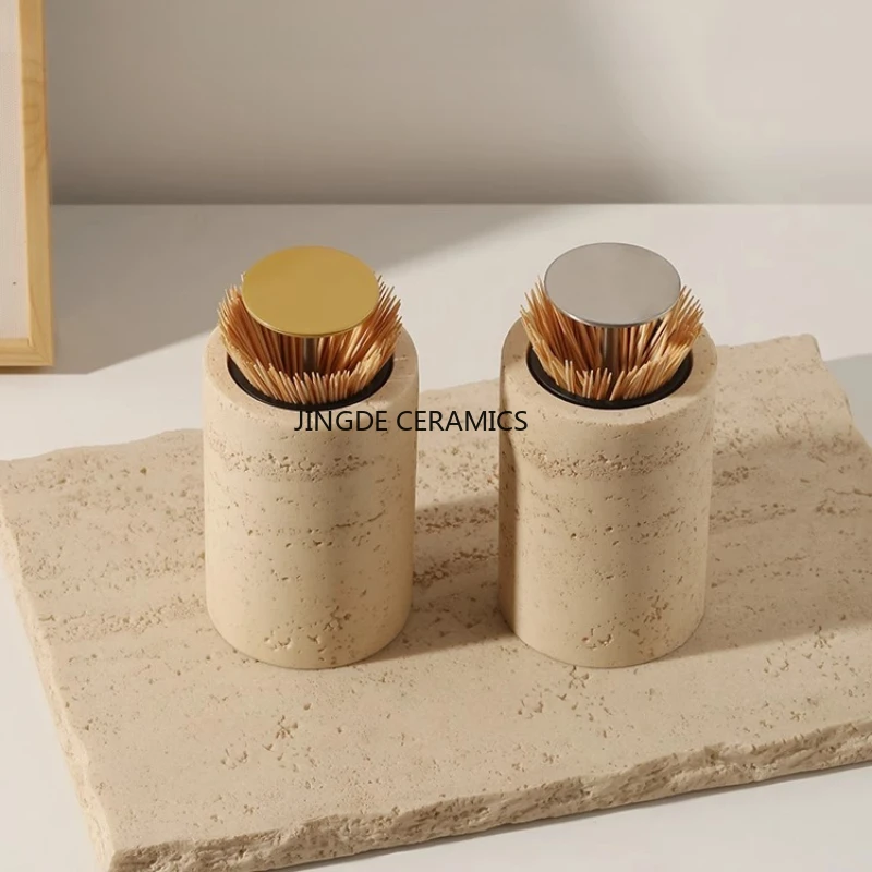 Sandstone Toothpick Jar Press Type Toothpick Box Cotton Swab Storage Jar Living Room Desktop Decoration Restaurant Utensils