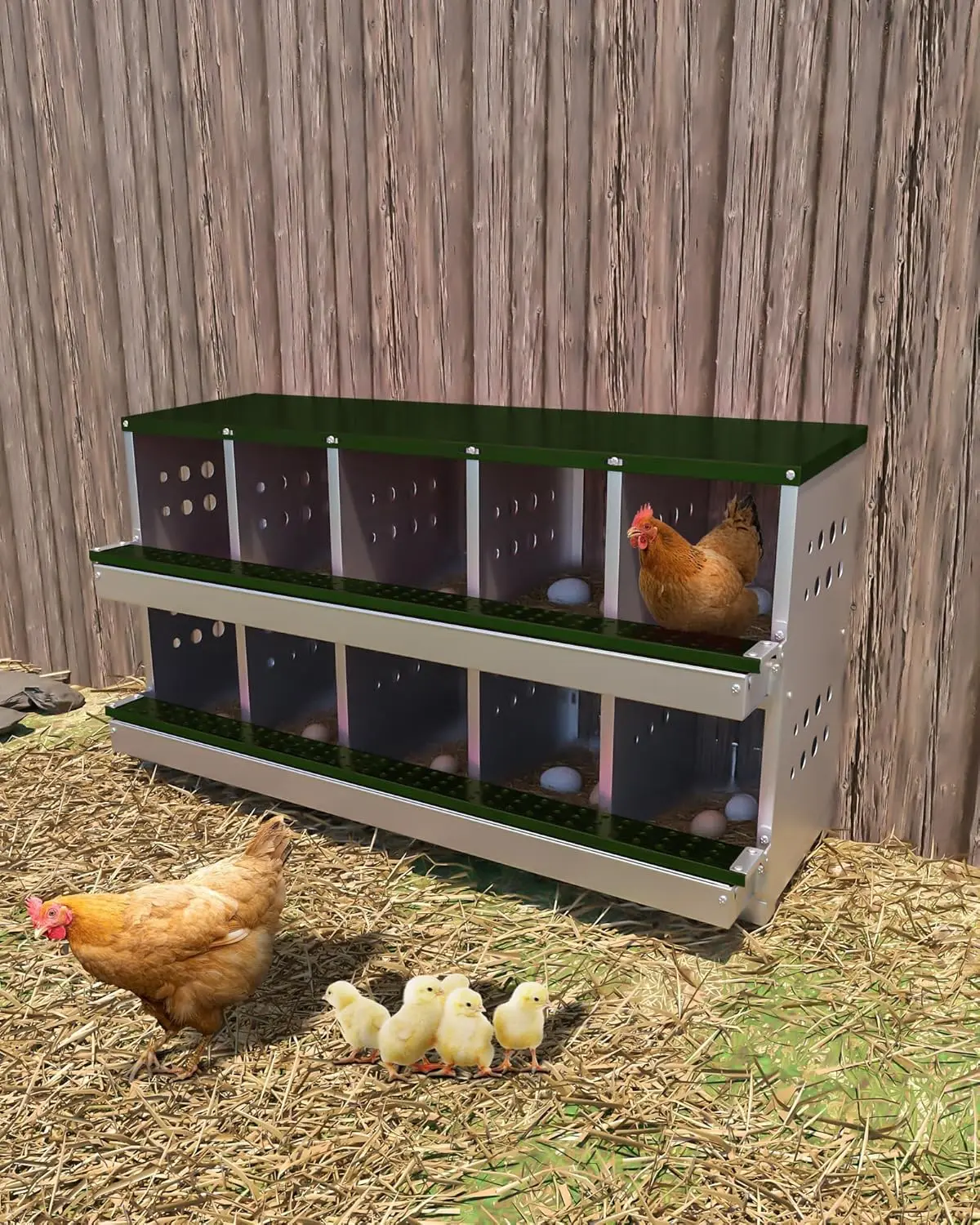 

Metal Chicken Coop Nesting Box Multi-compartment Rustproof Ventilated Chicken Laying Boxes with Roll Out Egg Collection for Hens