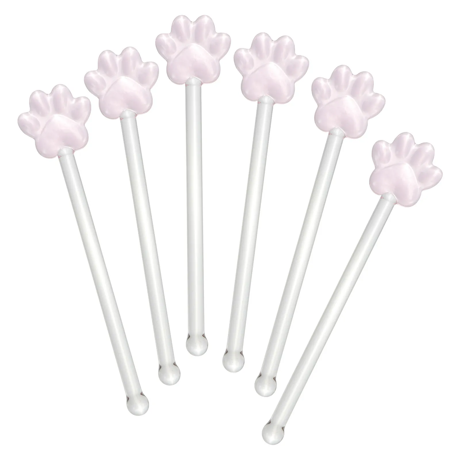 6 pcs Glass Cat Paw Stirring Sticks for Cocktails, Coffee, Juice – Transparent, Long Handle, Assorted Colors
