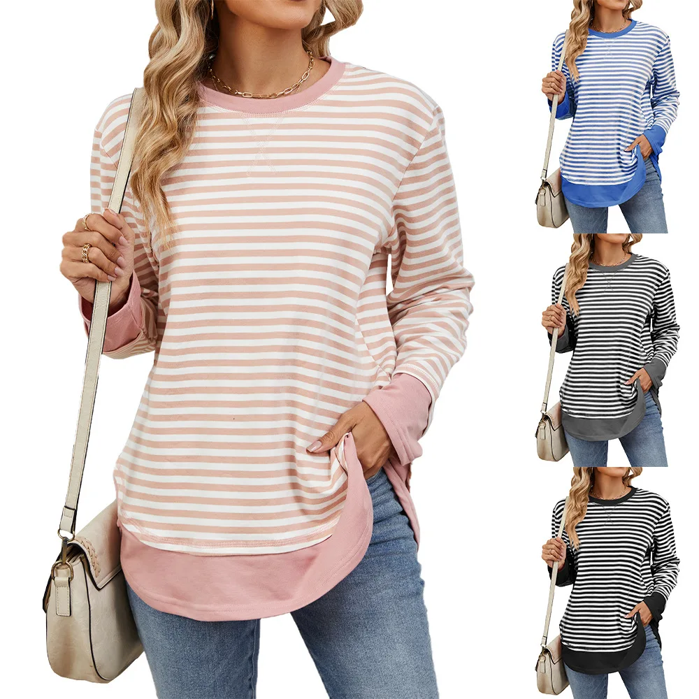 

Pullover Sweatshirts Coats Women Jackets Color Biock Striped Long Sleeves Round Neck Loose Fit Slight Strech Casual 2025 Autumn