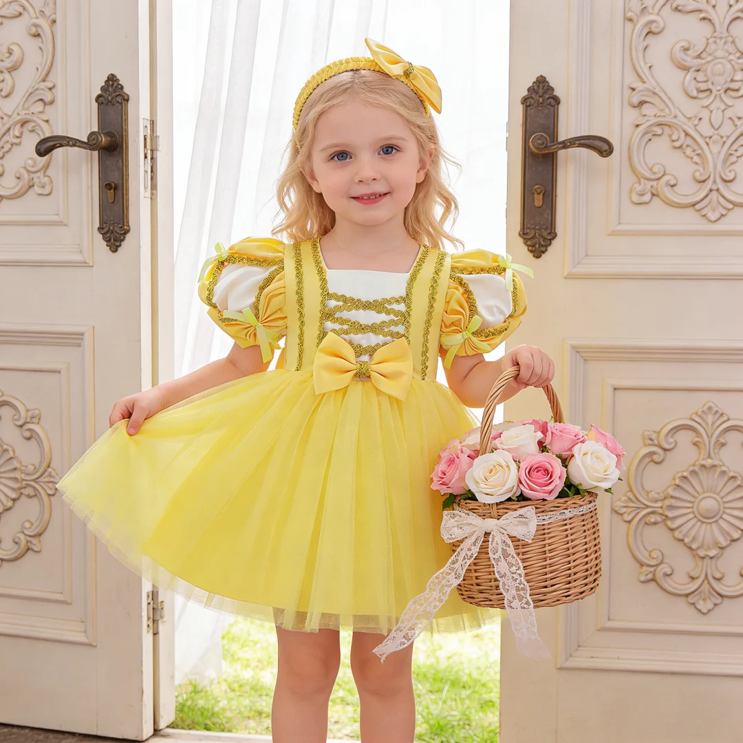 Girls Snow White Tutu Party Dress Baby Yellow Big Bow Costume Toddler 2pcs Sets Carnival Fluffy Dress Girl Cinderella Clothes